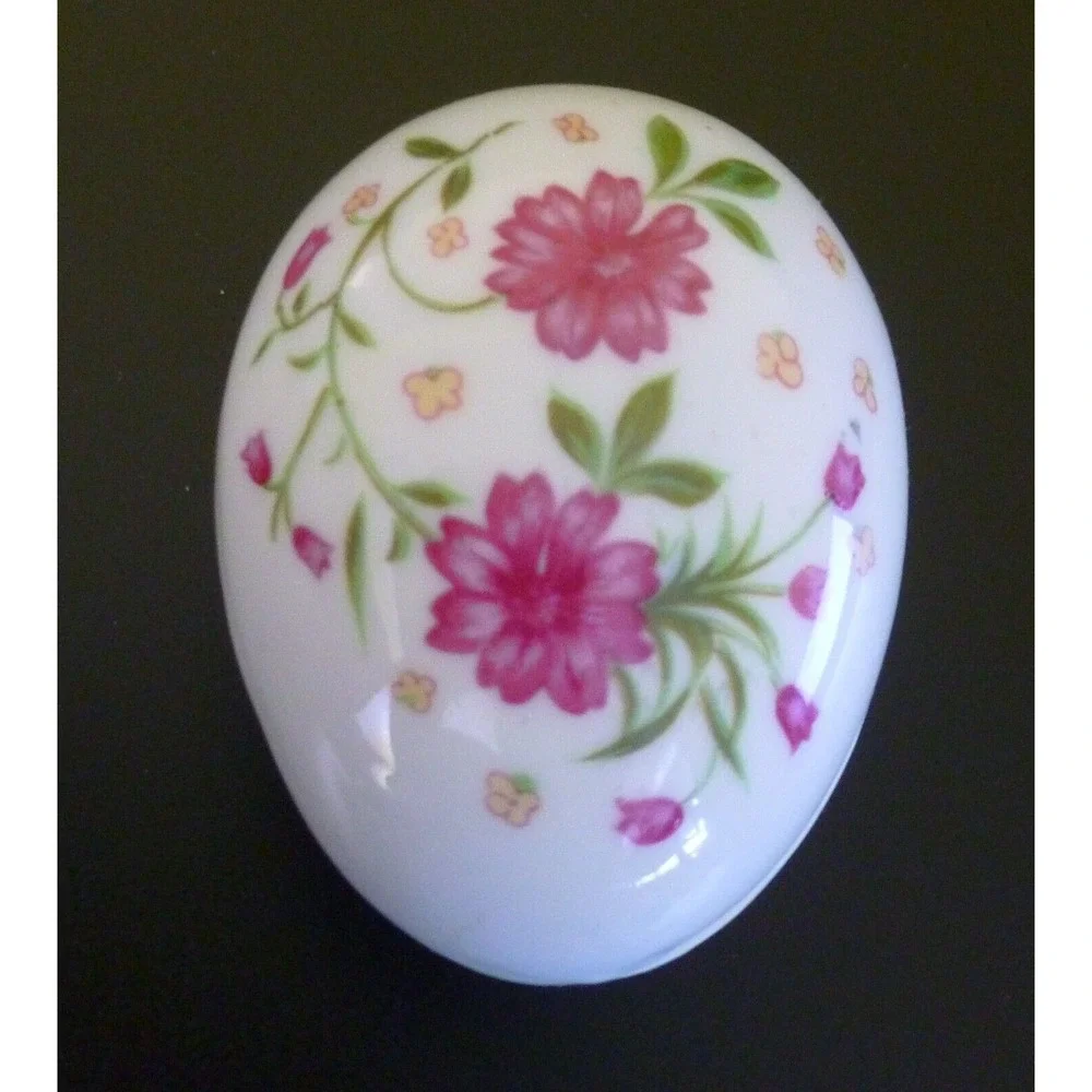 Vintage Lefton China ~ Ceramic Egg Trinket Box ~ Floral Pink Flower Design